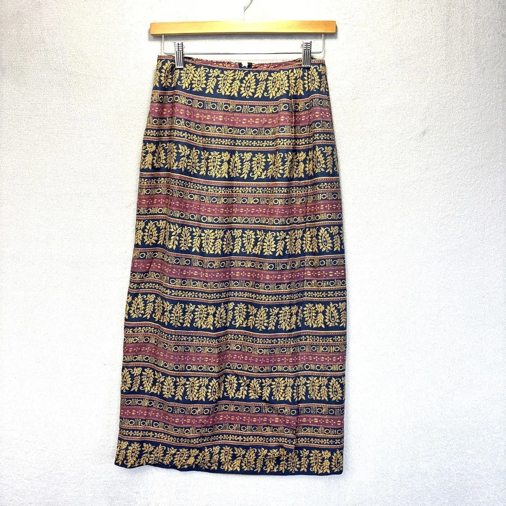 Vintage 100% Silk Faux Wrap Midi Skirt Womens 6 Dark Floral‎ Traditional Boho